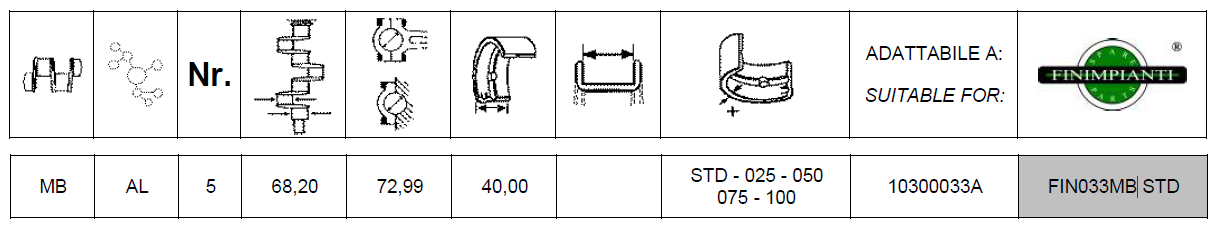 Coussinet banc central STD VM298 VM3105 VM Motori 10302034F (ex. 10300033)  FIN033MB_STD