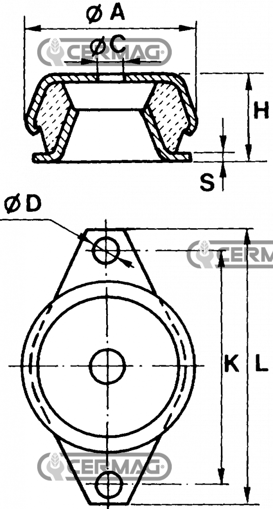 Silent block / support antivibrant a cloche  Diamètre 92 mm Hauteur 45 mm  (à commander) Moteurs thermiques et électriques, compresseurs, motopompes, cabines pour tracteurs et engins de terrassement CERMAG 60684