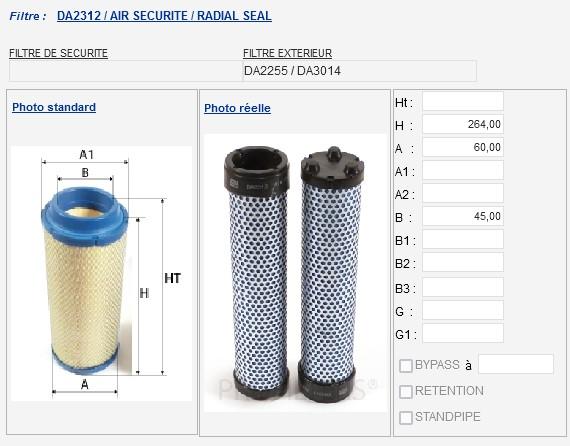 Filtre air sécurité DA2312 - KOHLER 25 083 04-S (KOHLER ECH980 ...) Mann CF75/2 - Donaldson P822858 - Fleetguard AF25552 / AF25576 - Yanmar 119808-12530 / 129051-12530 - Kubota TA040-93220
