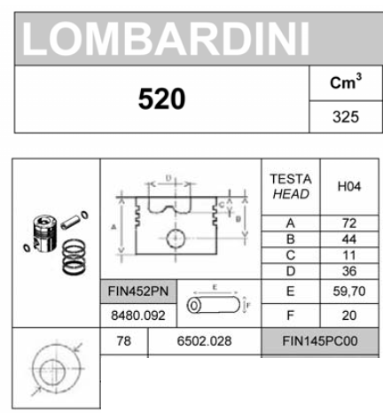 Piston complet LOMBARDINI tipo 520 - FINIMPIANTI FIN145PC00 LOMBARDINI 6502.028 / Ø78,00mm
