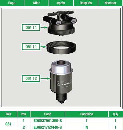 FILTRE GASOIL COMPLET  CTMOVE FUEL FILTER ED0037501360-S KOHLER LOMBARDINI Ex. ED0037301640-S ; ED0080891480-S - Moteurs LDW480  LDW480HDI LDW442CRS  LDW442EVO  LDW492  LDW492 HDI  LDW492 DCI