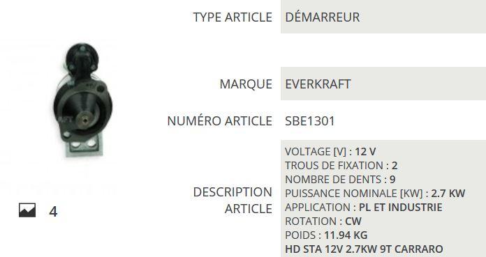 Démarreur SBE1301 equivalent BOSCH 0001362036 / 0001362023 - SLANZI 5840101 - SLANZI DS2000 DS3000 DS4000 DVA360 DVA2200 DVA3600 DELCO REMY DRS3305 (12V 2.7Kw 9 dents)