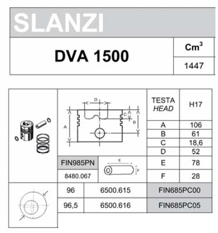 Piston complet DVA1500 SLANZI (Alesage Ø96.00mm 6500615 / FIN685PC00 ou Ø96.50mm 6500616 / FIN685PC05)