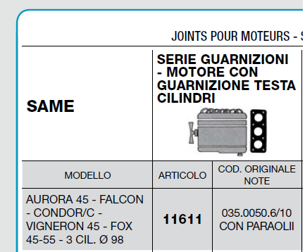 Pochette joints moteur SAME 983L tracteur AURORA 45 - FALCON - CONDOR/C - VIGNERON 45 - FOX 45-55 (3 cylindres Ø98mm) CERMAG 11611/ SAME 035.0050.6/10 0350050610 (avec joint culasse et joints spy)