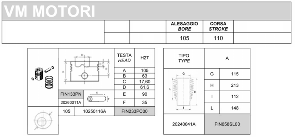 Kit cylindre + piston Ø105mm VM 1051SU  VM 1052SU  VM 1053SU VM 1054SU VM 1056SU - FIN1137KIT