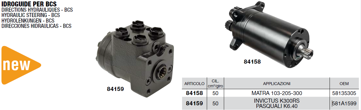 Direction hydraulique - BCS PASQUALI / MATRA 103-205-300 OEM 58135305 ou INVICTUS K300RS PASQUALI K6.40 OEM 581A1599