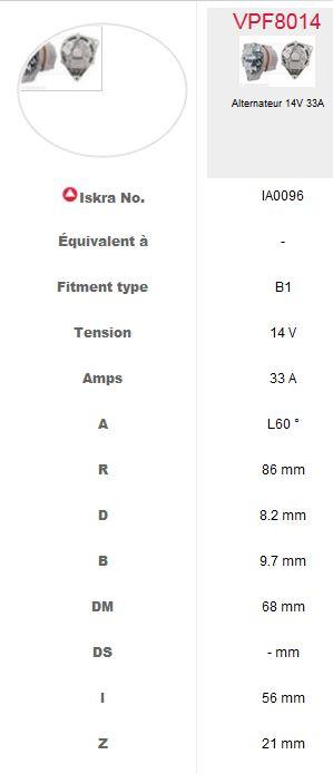 Alternateur VPF8014 - DEUTZ 01177481 01171617 - ISKRA IA0096 AAG1301 AAG1311 11.201.027 - JOHN DEERE AZ23575 - Moteur DEUTZ F2L912 F3L912 F4L912 F6L912 F6L913 BF4L913 ...