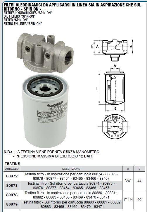 Tête de filtre hydraulique Aspiration ou Retour / CERMAG 80872 ou 80873 ou 80878 ou 80879