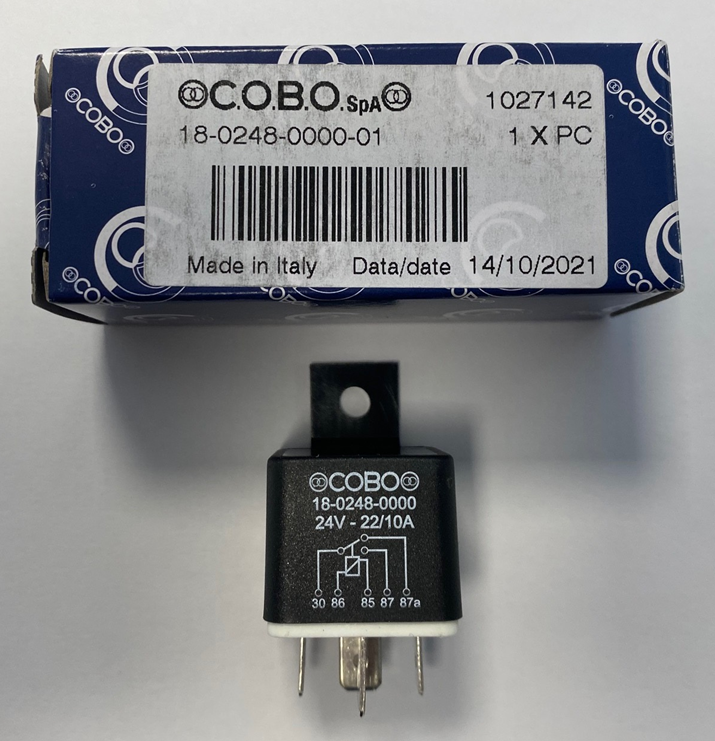 Relai 24V 22/10A COBO 18-0248-0000 Boite COBO 1027142 18-0248-0000-01 OEM 58035273 ; 3548190M91 ; 6350677 ; 46708004 ; VP122438 ; 06350752 ; 18.0248.0000 ; 1802480000