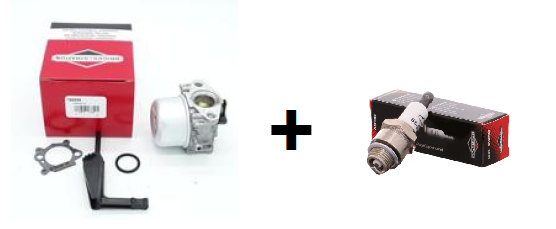 CARBURATEUR COMPLET A CUVE (avec pompe amorcage) BRIGGS STRATTON / PIECE D'ORIGINE BS-799868 + BOUGIE BRIGGS STRATTON BS-992300C (RJ19LM)