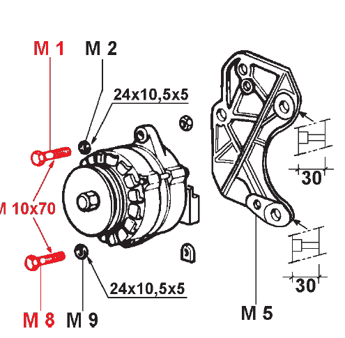 Vis M10x70 pour alternateur 45A (sachet 10 pièces)