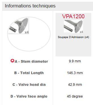 Jeu 4 soupapes admission VPA1200 CASE INTERNATIONAL 3055055R2 A&I A-3055055R2 - CASE D358 DT358 DT402 D155 D179 D206 D239 D246 D268 D358 D310 DT239