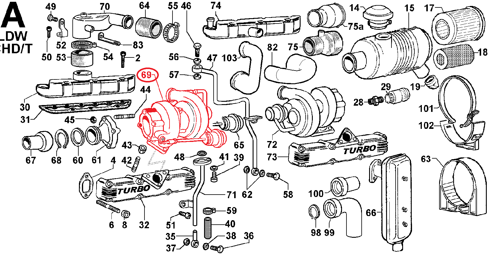 Turbo 9610059 LOMBARDINI ED0096100590-S KOHLER - LOMBARDINI LDW2004/T LDW2204/T - Turbocompresseur cote volant MITSUBISHI (ASP.L.VOL) TD025L05G