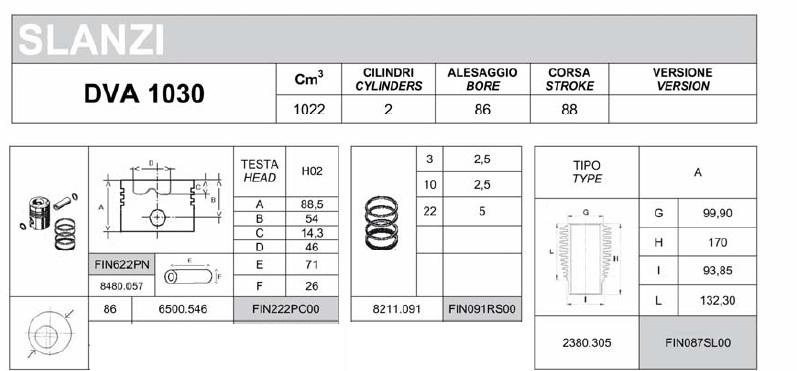Kit Cylindre + Piston FIN2284KIT SLANZI DVA515 DVA1030 DVA1550 Ø86.00mm