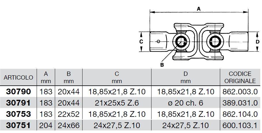Joint de cardan complet - PASQUALI 862.003.0 (30790) ou 389.031.0 (30791) ou 862.104.0 (30753) ou 600.103.1 (30751)