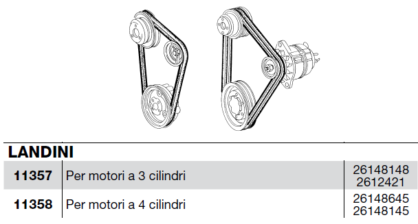 Courroie LANDINI (moteurs 3 cylindres : CERMAG 11357 / LANDINI 26148148 2612421 - 4 cylindres : CERMAG 11358 / LANDINI 26148645 - 26148145)