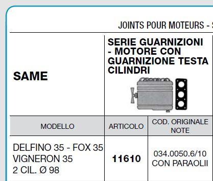 Pochette joints moteur SAME 982L tracteur DELFINO 35 - FOX 35 - VIGNERON 35 (2 cylindres Ø98mm) CERMAG 11610 / SAME 034.0050.6/10 0340050610