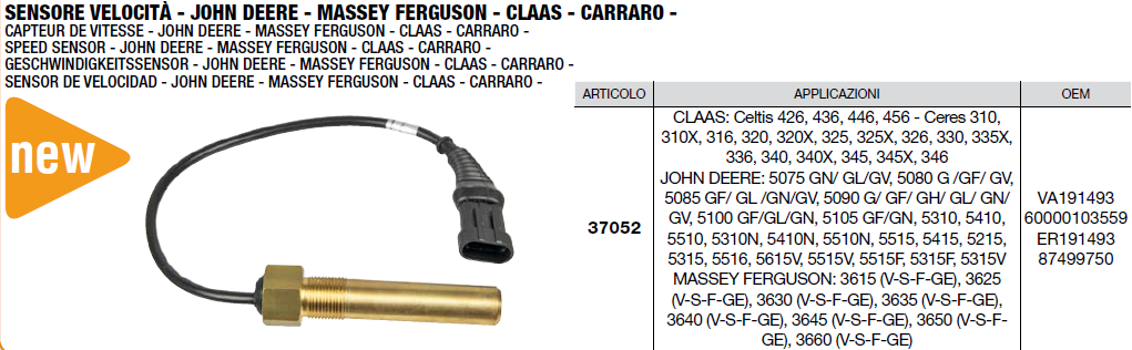 Capteur de vitesse OEM VA191493 60000103559 ER191493 87499750 MASSEY FERGUSON / JOHN DEERE / CLAAS / RENAULT