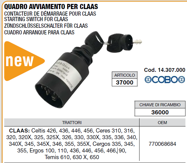 Contacteur de demarrage pour CLAAS ; Ref. COBO 14.307.000 OEM 770068684 CLAAS Celtis ; Ceres ; Cergos ; Ergos ; Temis