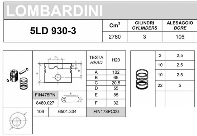 Piston 5LD930-3 5LD930-4 LOMBARDINI 6501334 / 6501.334 / KOHLER ED0065013340-S FINIMPIANTI FIN178PC00 DURALDUR DD3088204003