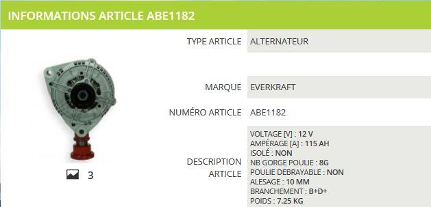 Alternateur 12V 115A EVERKRAFT ABE1182 MAHLE MG4 / JOHN DEERE JD6110
