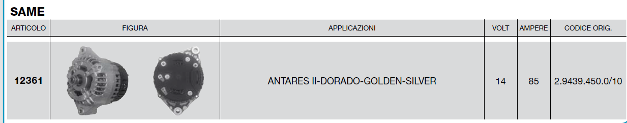 Alternateur 14V 85A MAHLE CERMAG 12361 / SAME 2.9439.450.0/10 - SAME ANTARES II DORADO GOLDEN SILVER